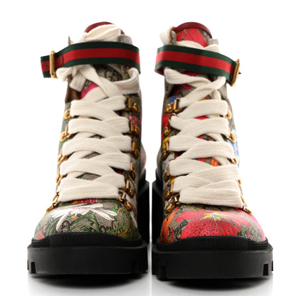 Gucci GG Supreme Monogram Flora Lace Up Combat Ankle Boots 37 Beige Multicolor Red 2 of 9
