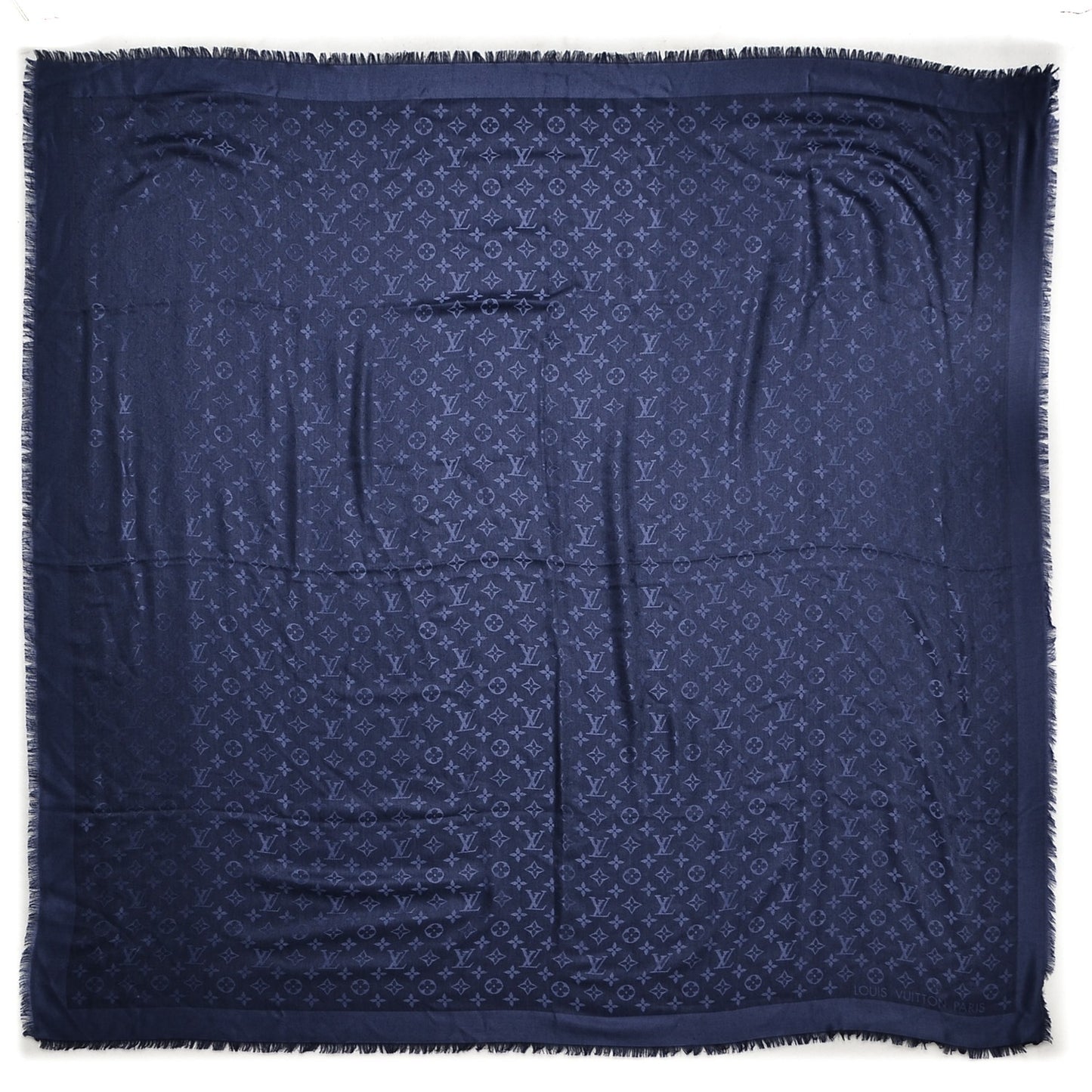 Wool Silk Monogram Shawl Blue Nuit