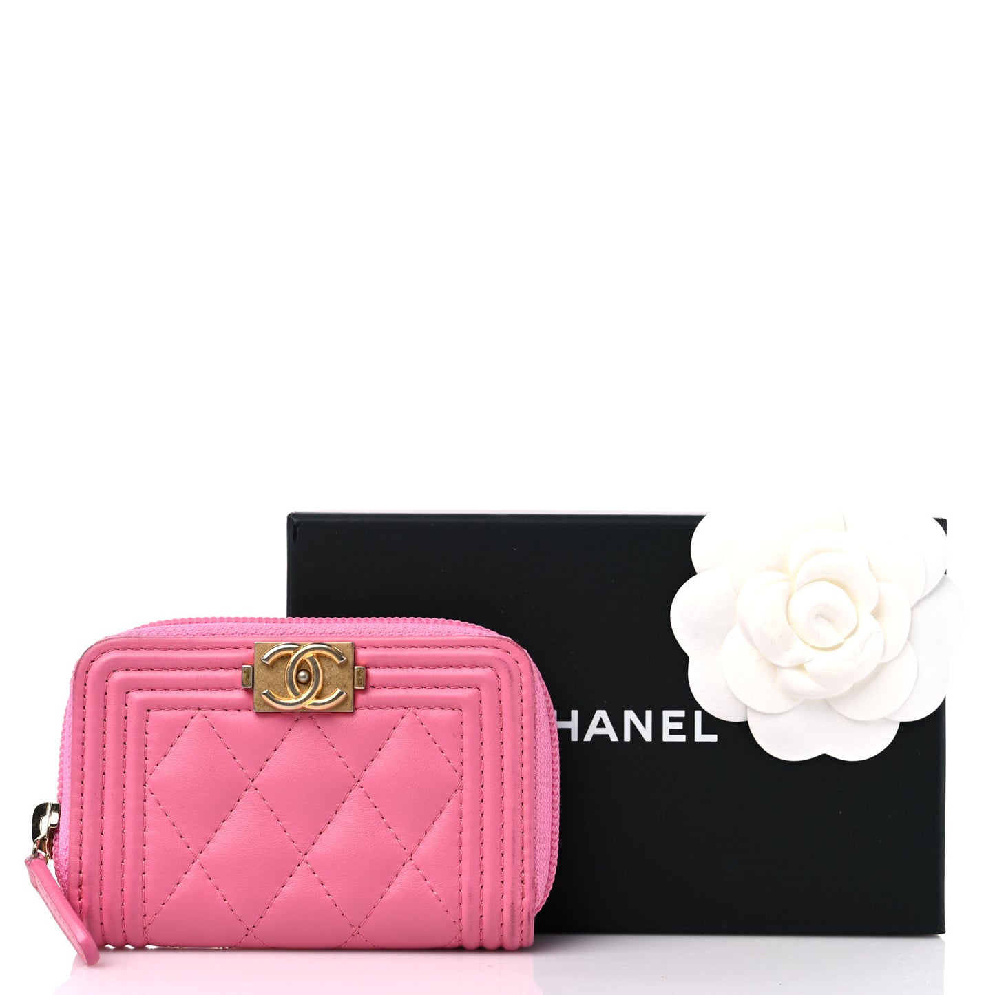 Calfskin Quilted Boy Zip Around Coin Purse Wallet Pink