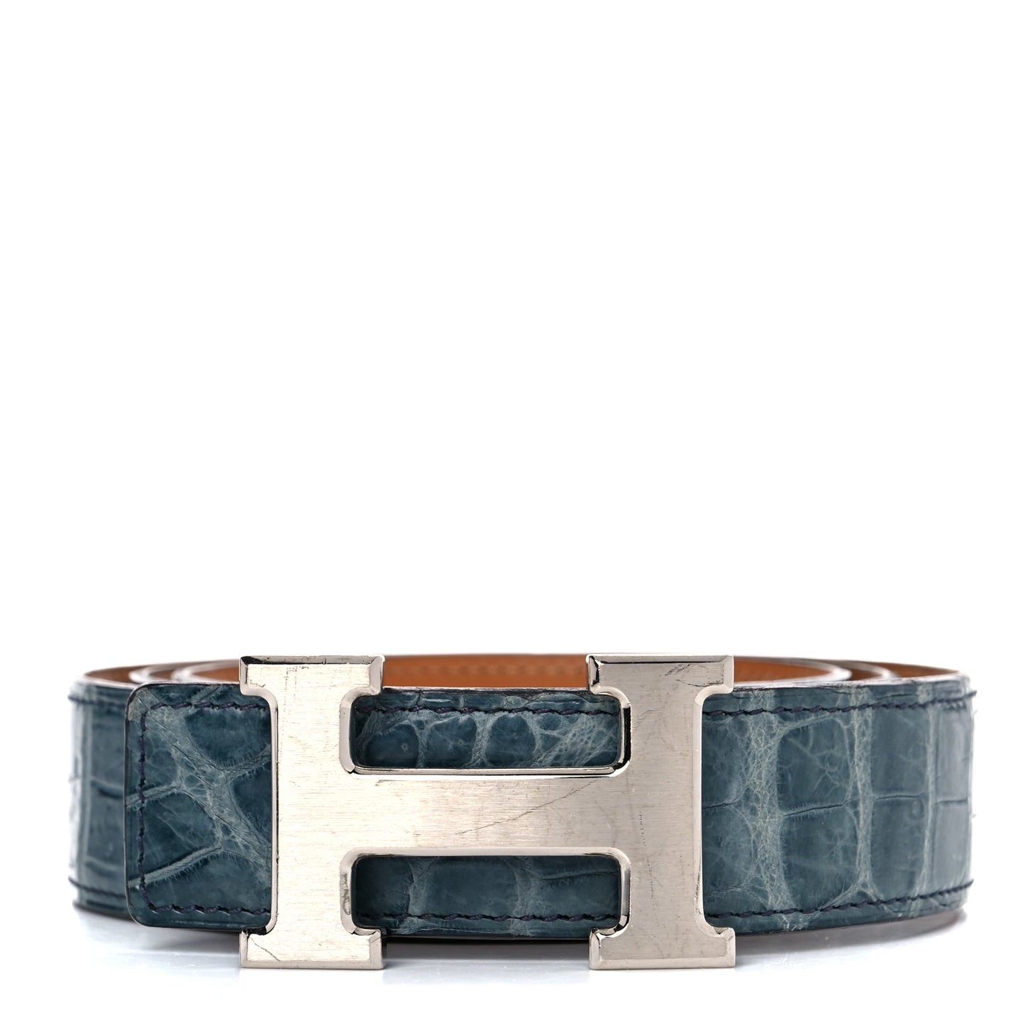 Shiny Porosus Crocodile 32mm H Belt 95 Bleu Tempete