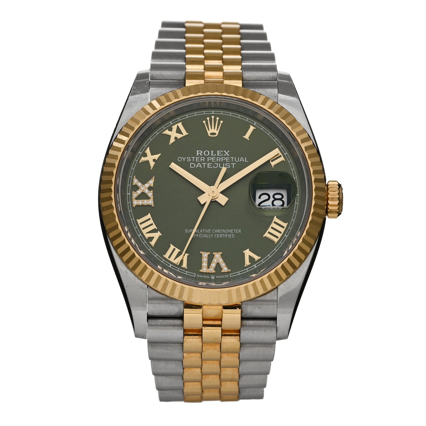 Stainless Steel 18K Yellow Gold Diamond 36mm Oyster Perpetual Datejust Watch Olive Green Roman 126233