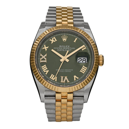 Rolex Stainless Steel 18K Yellow Gold Diamond 36mm Oyster Perpetual Datejust Watch Olive Green Roman 126233 1 of 5