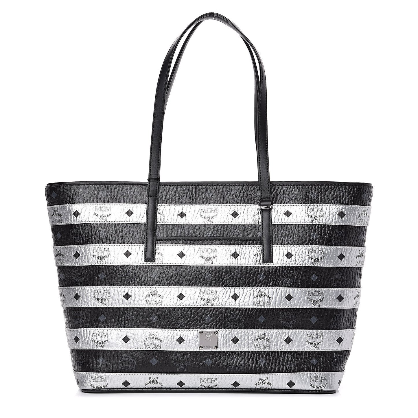 Metallic Visetos Striped Medium Anya Shopper Tote Black Silver