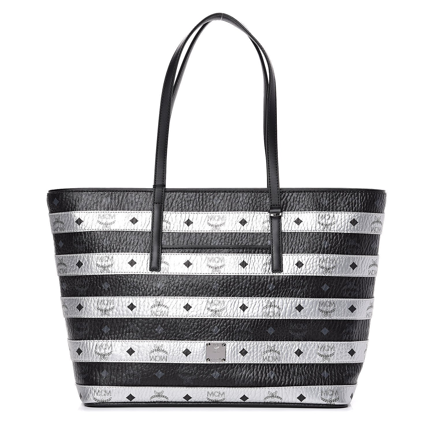 MCM Metallic Visetos Striped Medium Anya Shopper Tote Black Silver 1 of 11