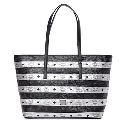 MCM Metallic Visetos Striped Medium Anya Shopper Tote Black Silver 1 of 11