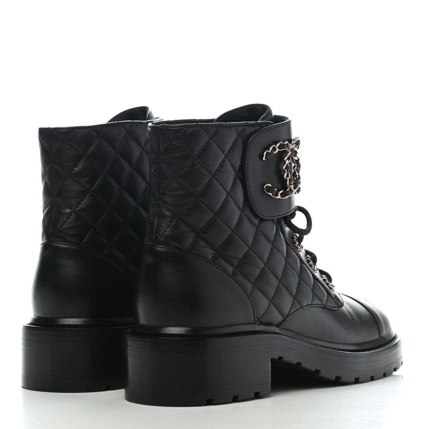 Shiny Lambskin Quilted Lace Up Combat Boots 38 Black