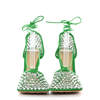 Bottega Veneta Mesh Nappa Crystal Embellished Sparkle Stretch Ankle Tie Sandals 41 Parakeet 2 of 15