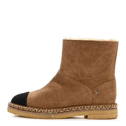 Chanel Kid Suede Shearling Womens Cap Toe Chain Short Boots 36.5 Light Brown Black 1 of 7