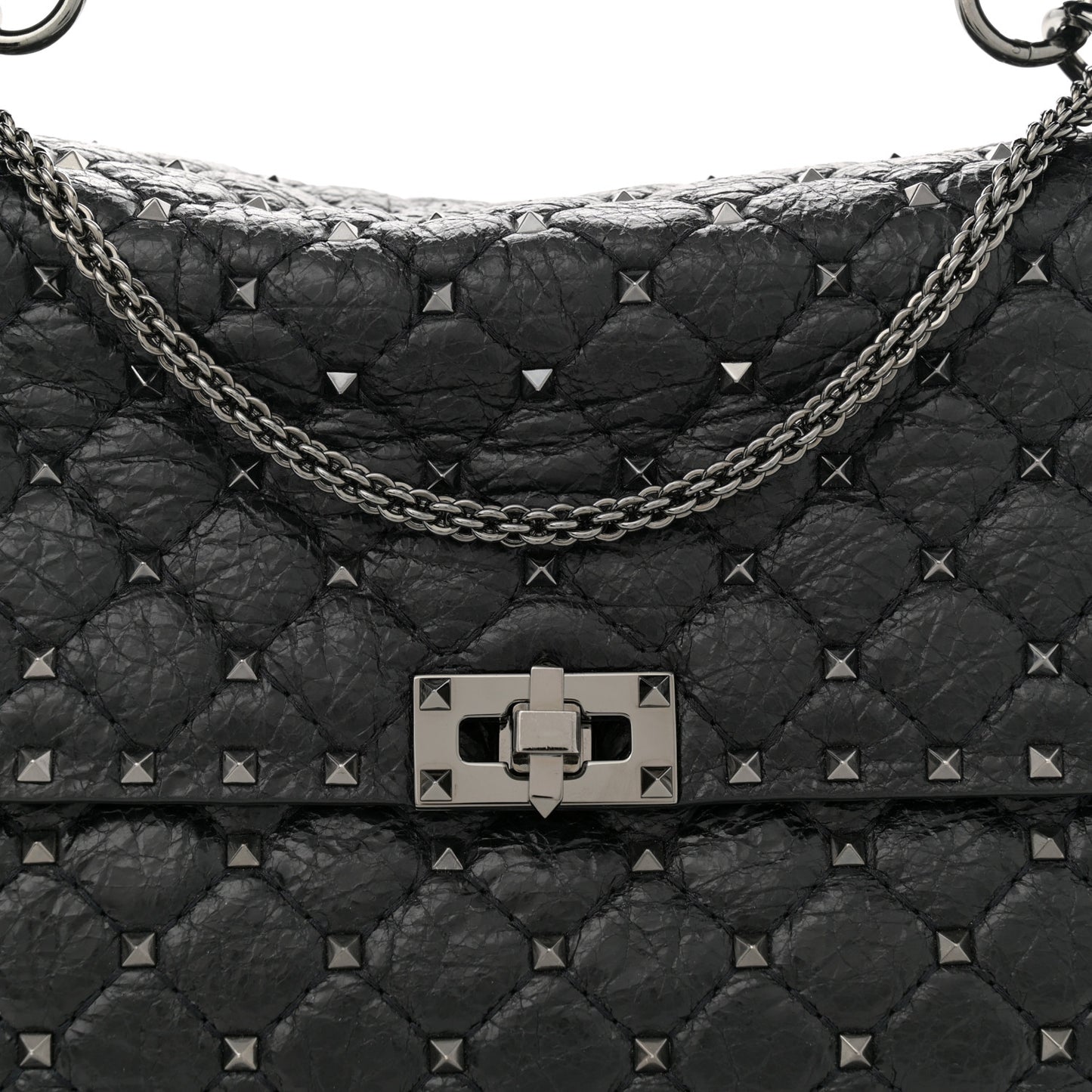 Craquele Nappa Large Rockstud Spike Shoulder Bag Black
