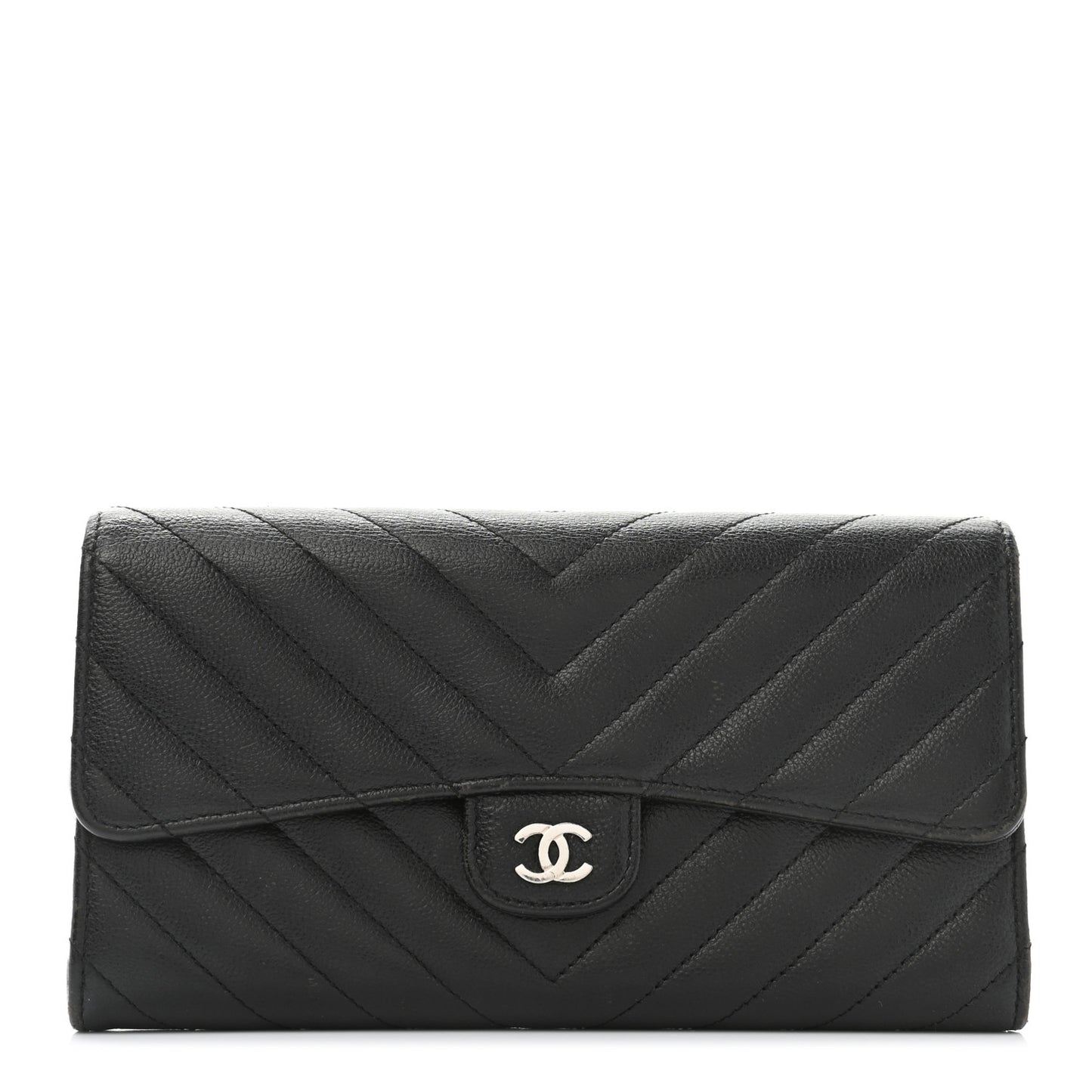Caviar Chevron Quilted Large Gusset Flap Wallet Black