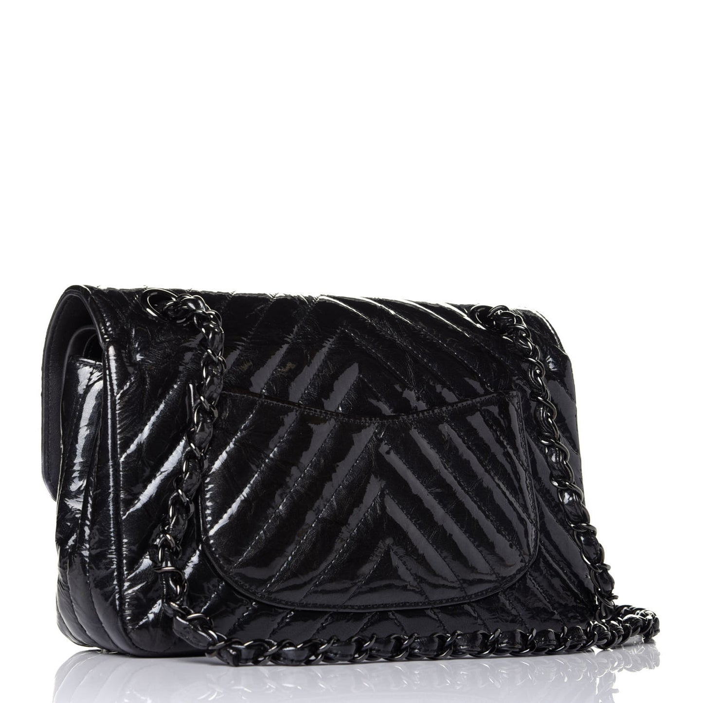 Patent Crumpled Calfskin Chevron Quilted Small Double Flap So Black