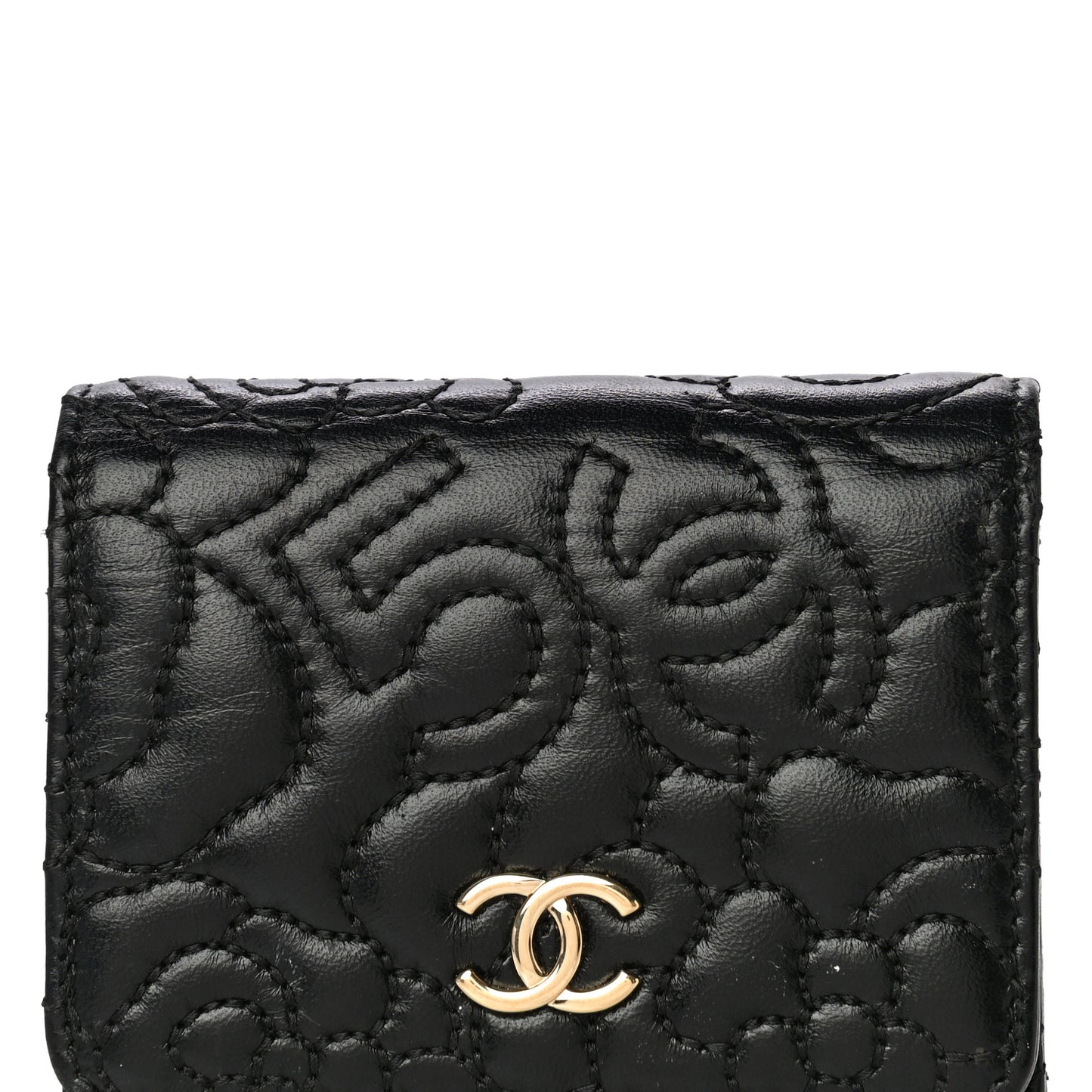 Lambskin Camellia Embossed Small Wallet Black