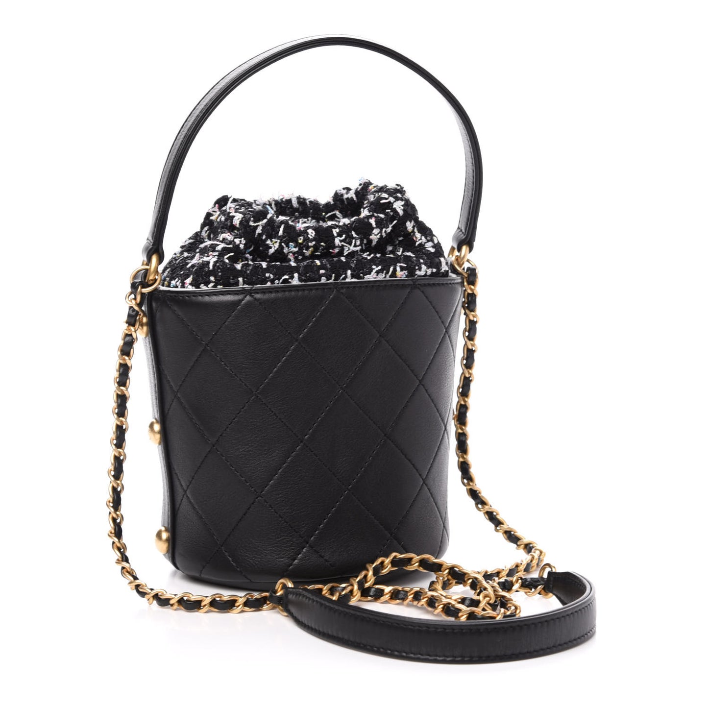 Calfskin Tweed Small CC Chain Bucket Drawstring Bag Black Multicolor