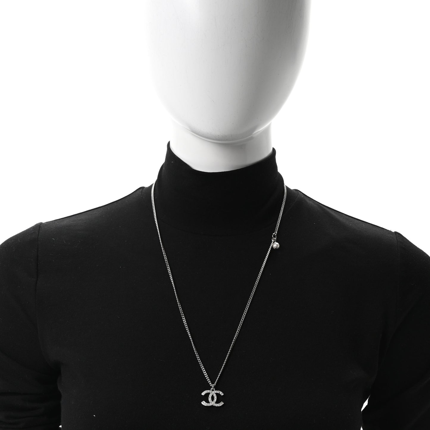 Crystal Pearl CC Pendant Necklace Silver