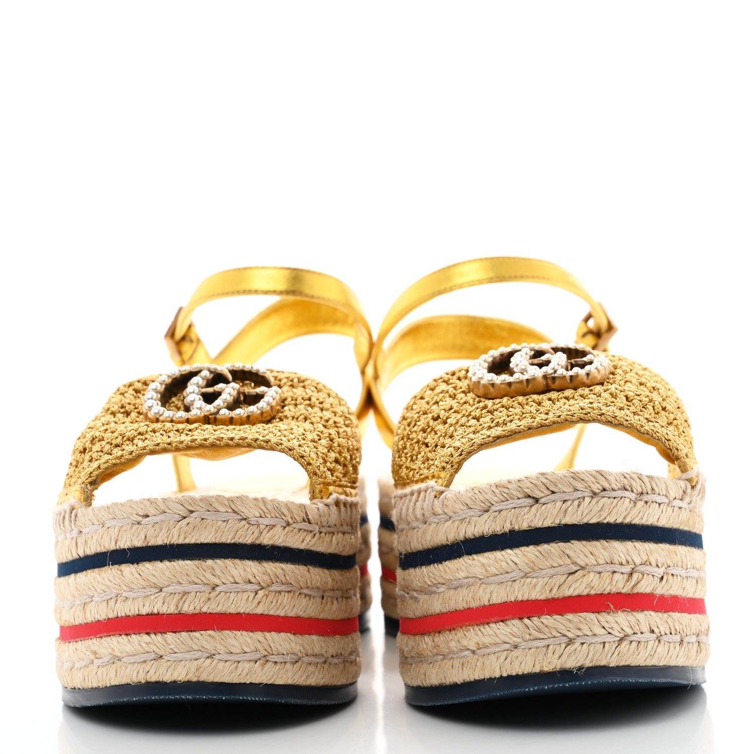 Gucci Cotton Malaga Kid Crochet Pearly GG Lilibeth Espadrille Platform Sandals 37.5 Gold 2 of 10