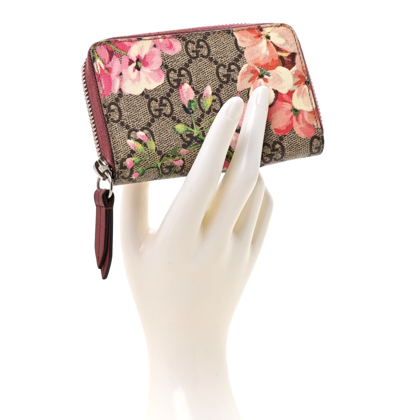 GG Supreme Monogram Blooms Zip Around Card Case Wallet Beige Multicolor Dry Rose