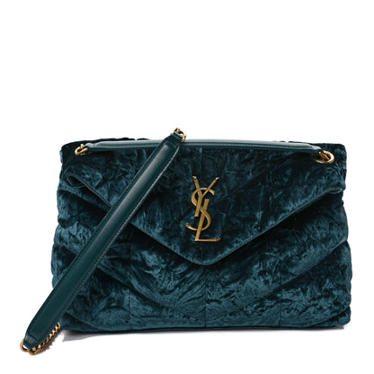Saint Laurent Crushed Velvet Quilted Small Loulou Puffer Monogram Chain Satchel Emerald 1 of 8