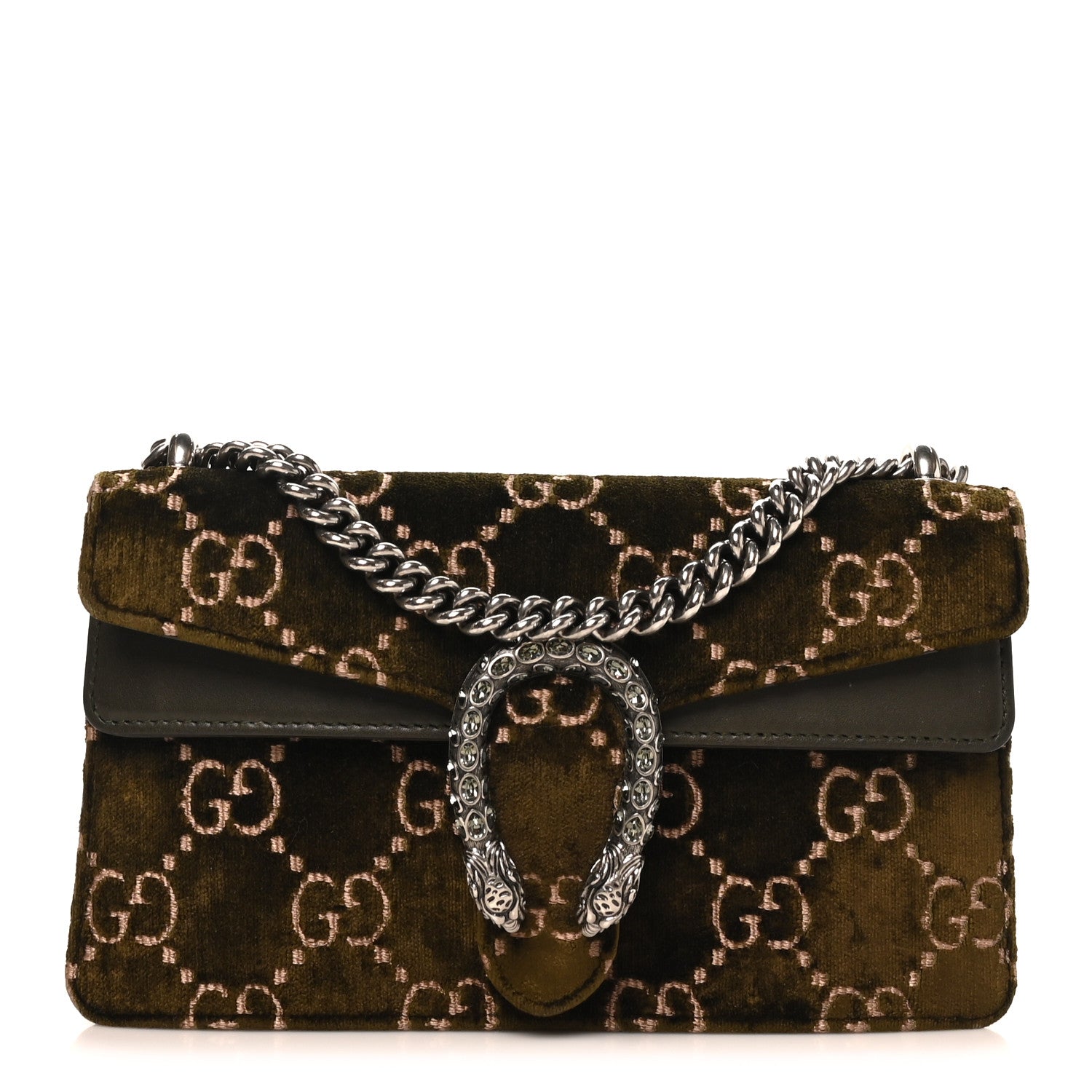 Gucci Velvet Moon Calfskin Crystal GG Monogram Small Dionysus Shoulder Bag Dark Olive Rose Gold 1 of 10