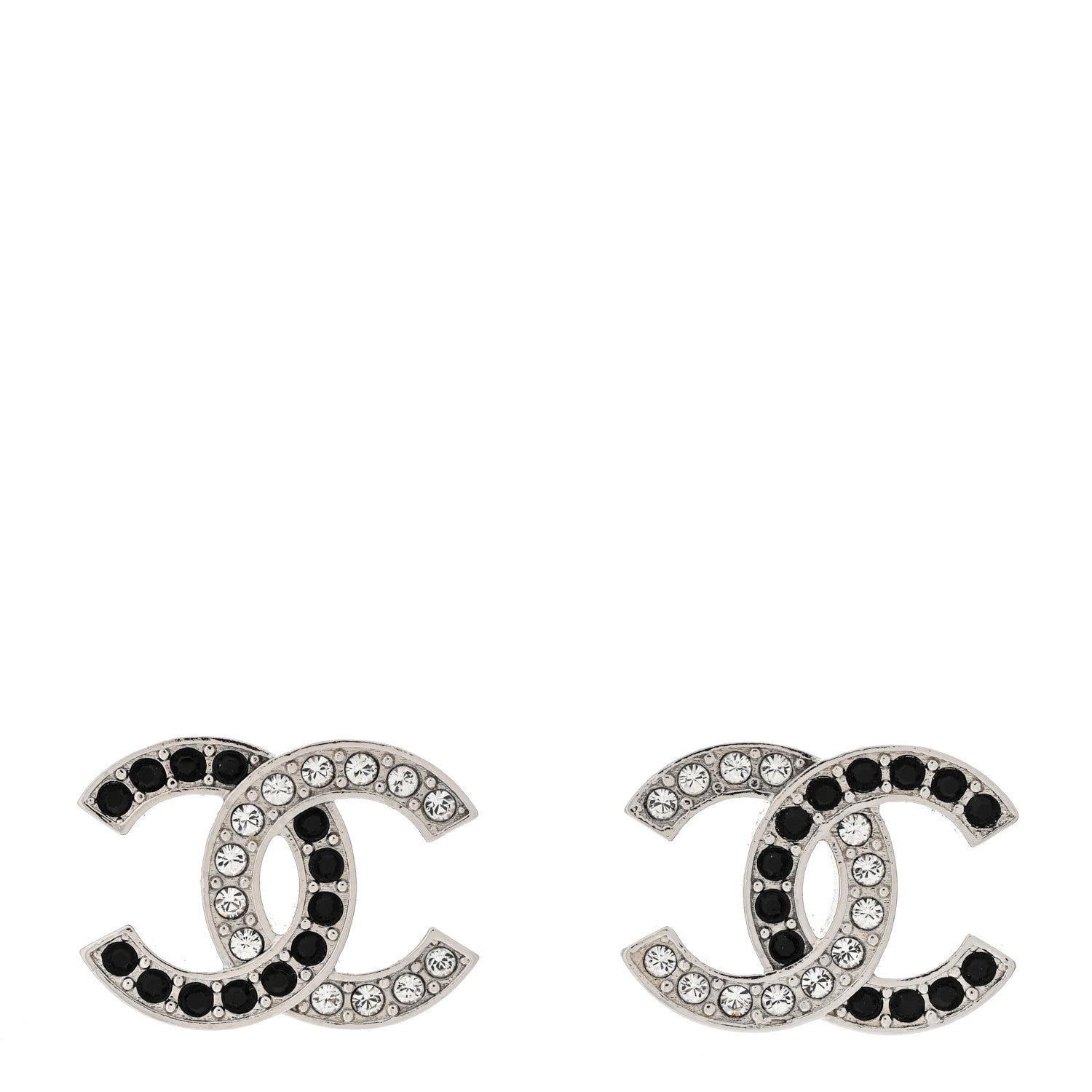 Chanel Crystal CC Stud Earrings Black Silver 1 of 7