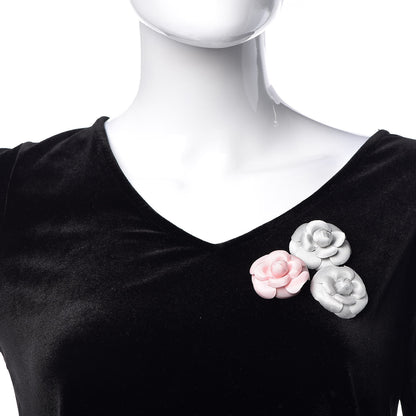 Chanel Camellia Brooch Pin Set Grey Pink 2 of 5
