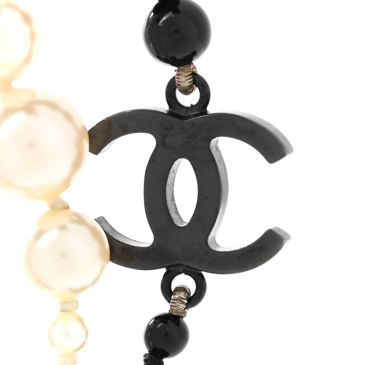 Pearl CC Beaded Long Necklace Black White