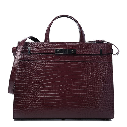 Saint Laurent Shiny Calfskin Crocodile Embossed Small Manhattan Shopper Tote Rouge Legion 1 of 4