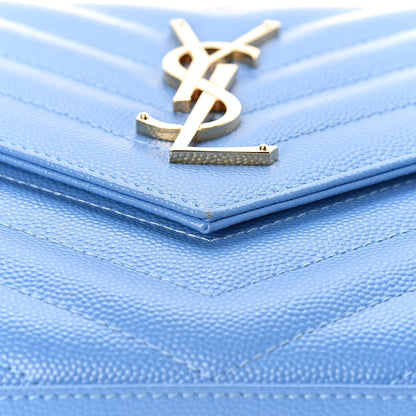 Saint Laurent Grain De Poudre Matelasse Chevron Monogram Chain Wallet Blue Clair 9 of 13