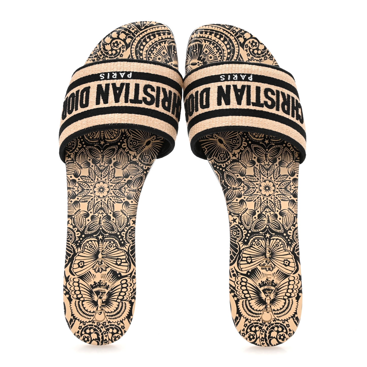 Straw Embroidered Dway Flat Slide Sandals 41 Natural Black