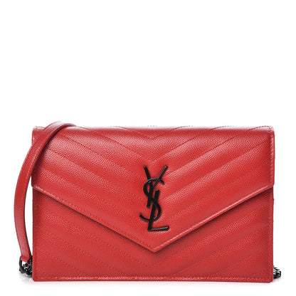 Saint Laurent Grain De Poudre Matelasse Chevron Monogram Envelope Chain Wallet New Red 1 of 11