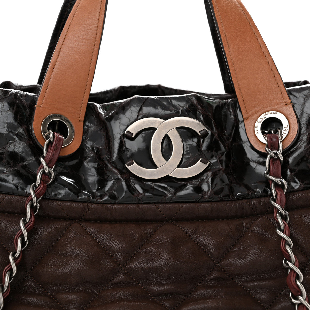 Iridescent Calfskin Quilted Large In The Mix Tote Dark Brown