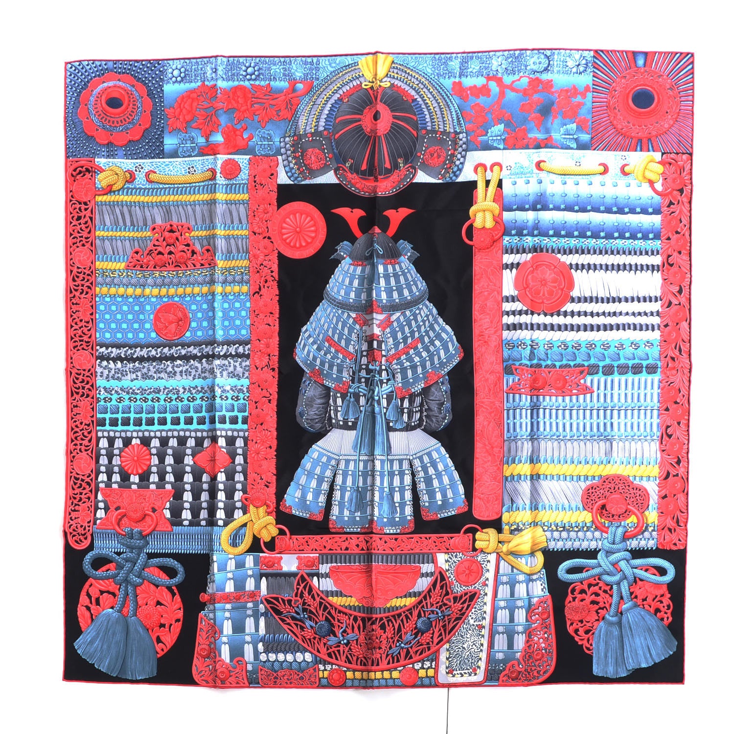 Hermes Silk Parures de Samouraïs Scarf 90 Black Rouge Blue Jean 1 of 5