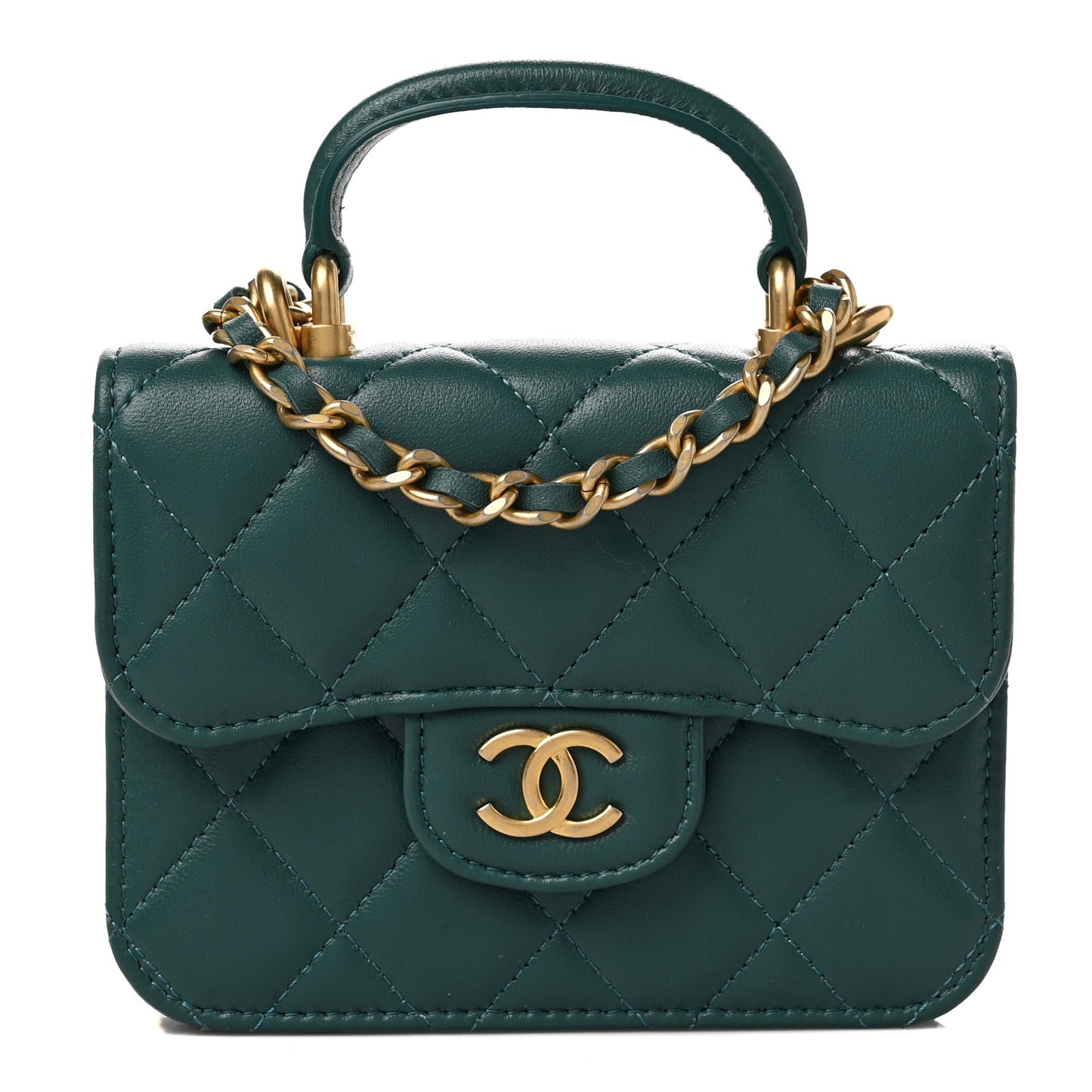 Lambskin Quilted Top Handle Flap Coin Purse With Chain Green