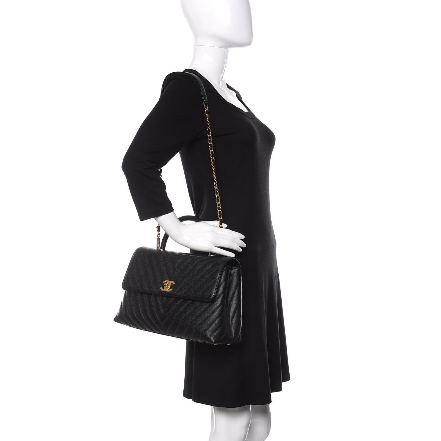 Caviar Chevron Quilted Medium Coco Handle Flap Black