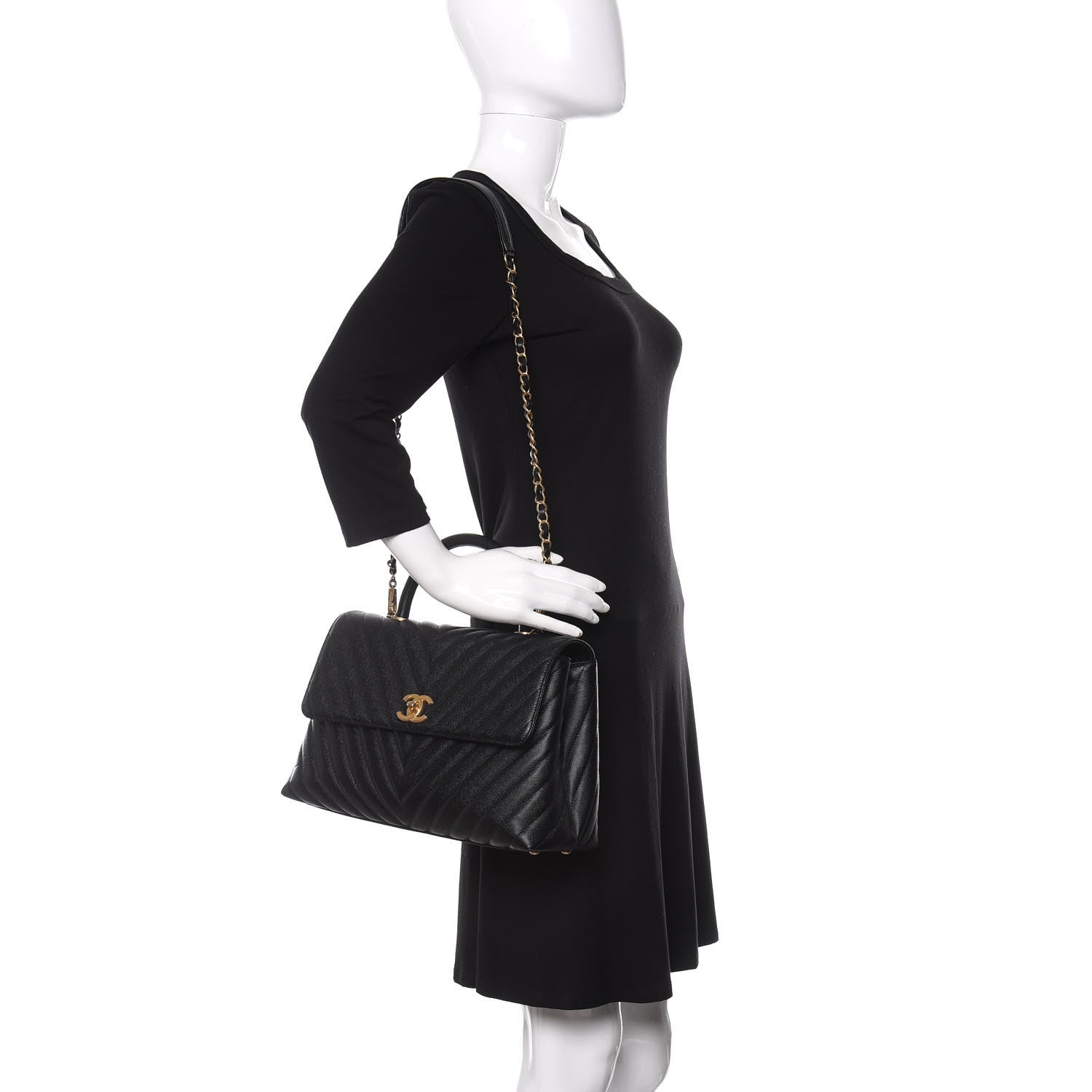 Chanel Caviar Chevron Quilted Medium Coco Handle Flap Black 2 of 16