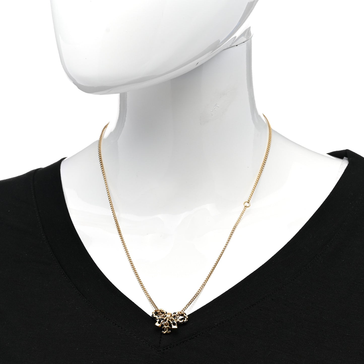 Metal Lambskin Chain CC Bow Necklace Black Gold