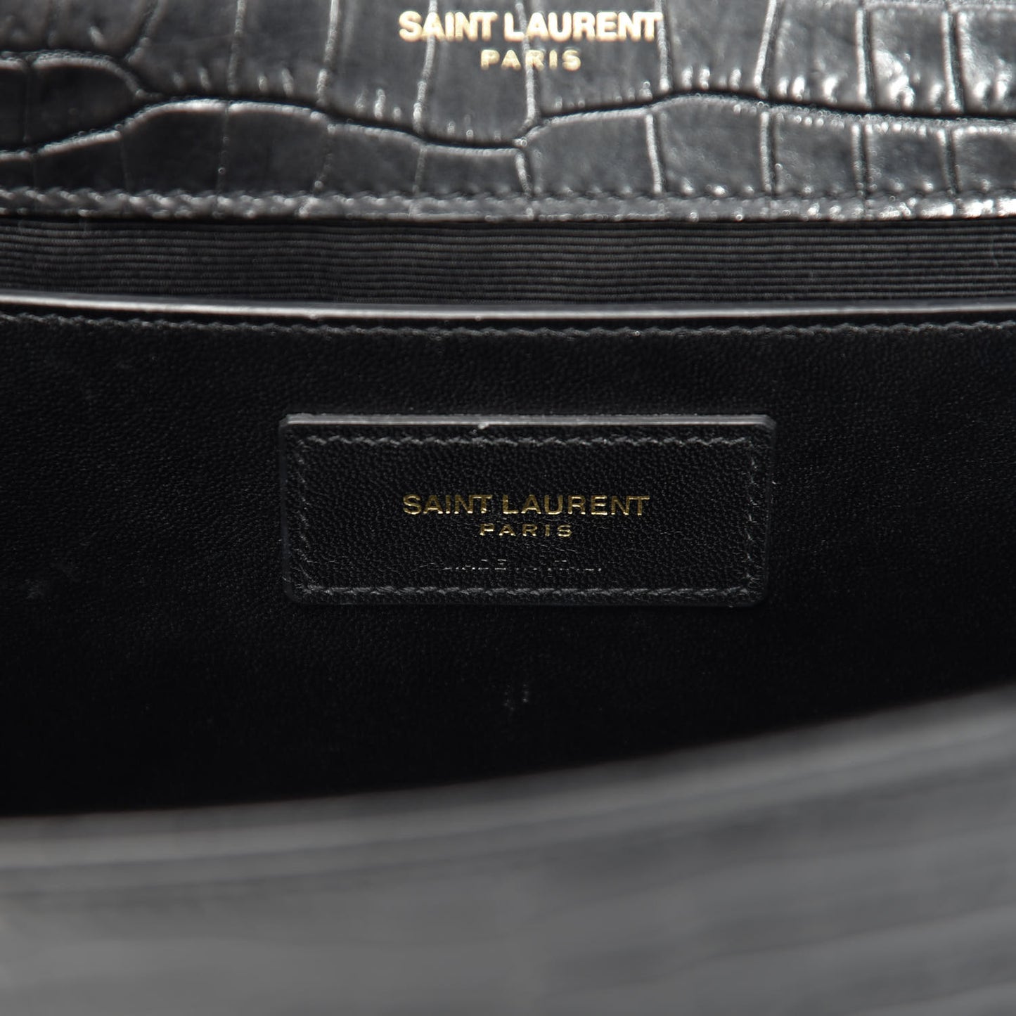 Calfskin Crocodile Embossed Medium Classic Monogram Kate Tassel Satchel Black