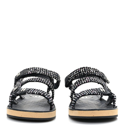 Chanel Tweed Lambskin Crystal CC Sandals 40 Black Multicolor 2 of 7
