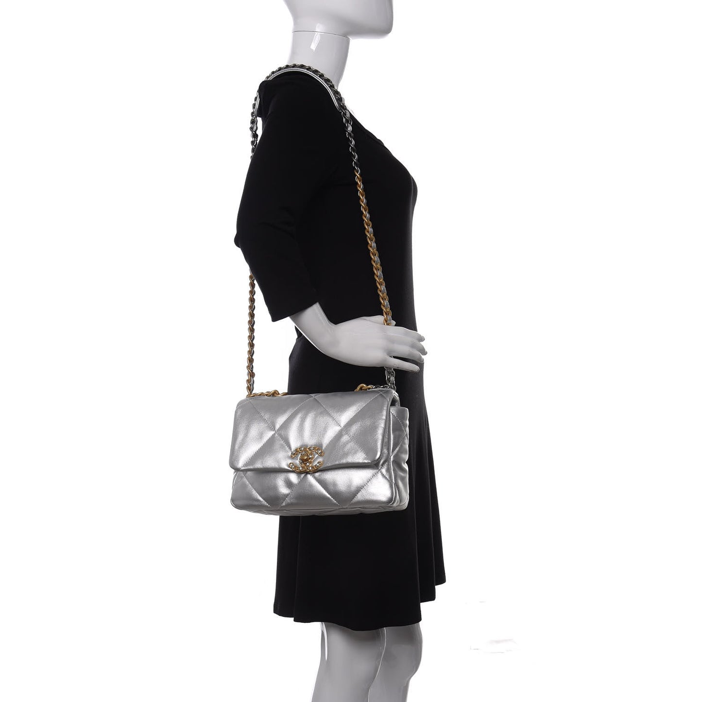 Metallic Lambskin Quilted Medium Chanel 19 Flap Silver