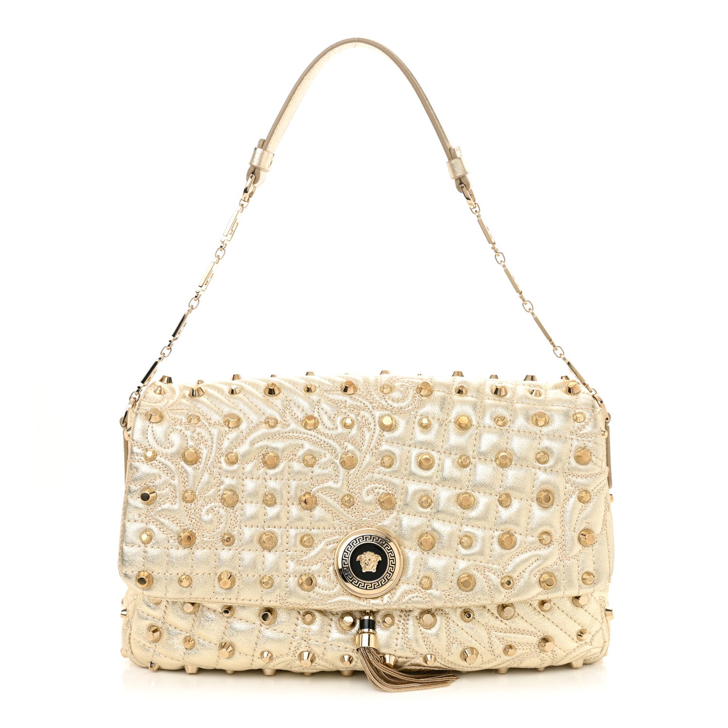 Metallic Nappa Barocco Quilted Studded Calliope Vanitas Shoulder Bag Gold