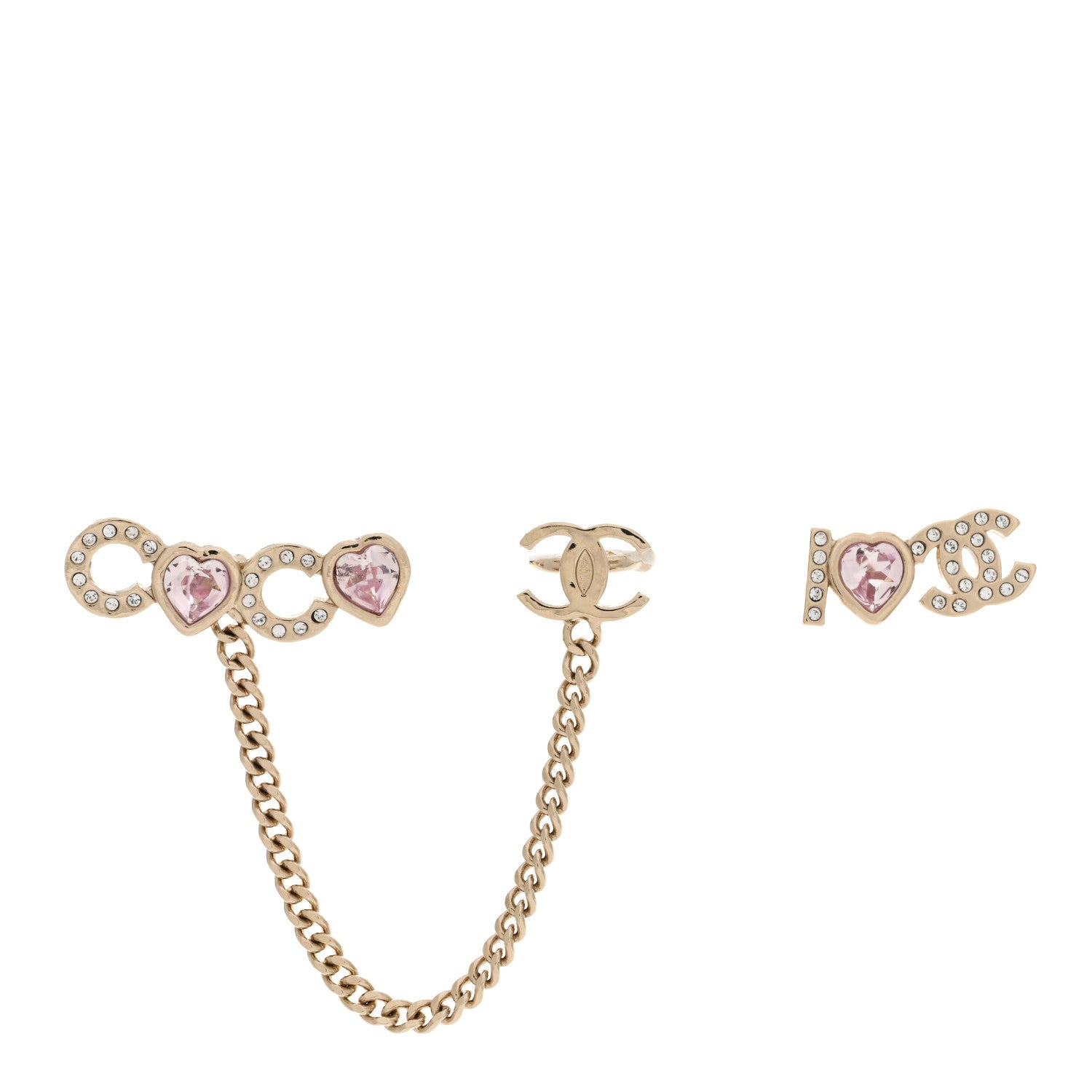 Chanel Metal Strass I Love Coco Heart Chain Climber Earrings Gold Pink 1 of 4