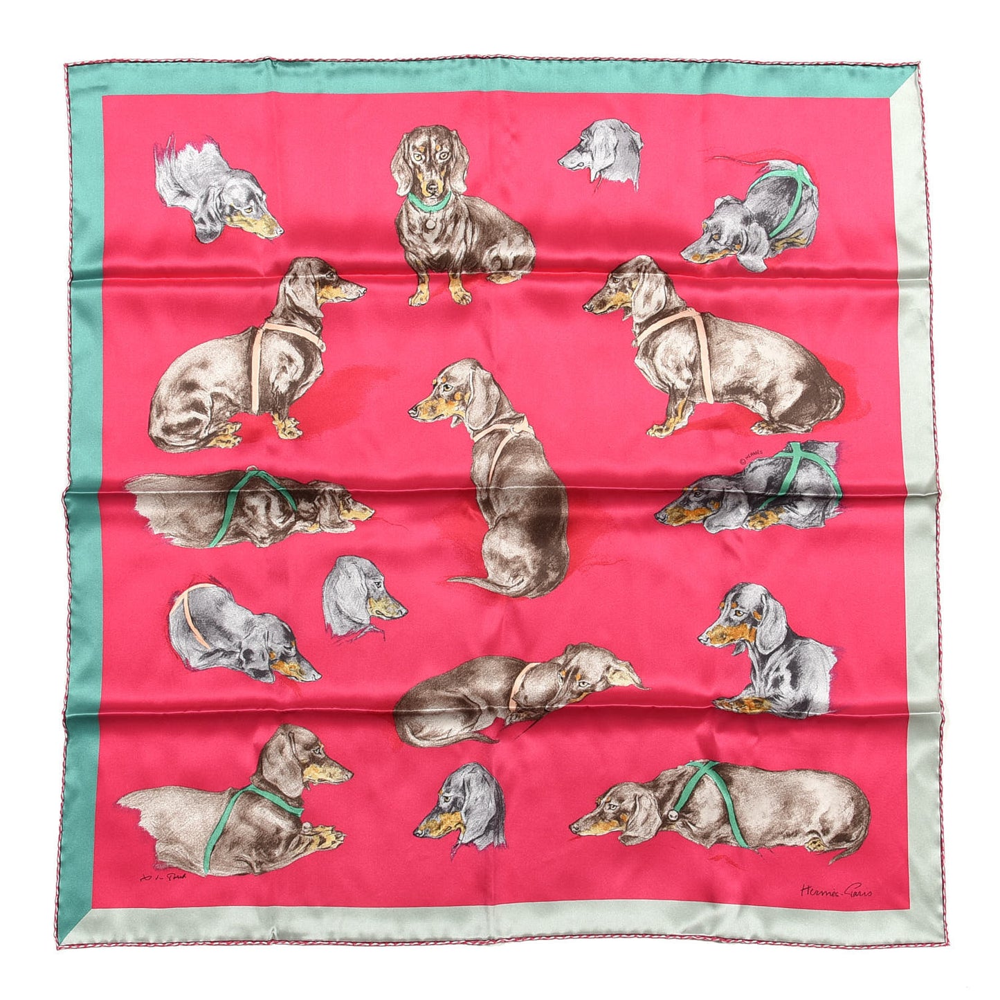 Silk Les Bassets Scarf 70 Fuchsia Etoupe Vert