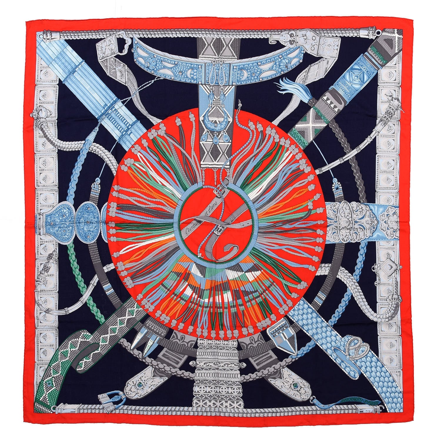 Hermes Cashmere Silk Ceintures Et Liens Shawl 140 Rouge Marine Bleu 1 of 4