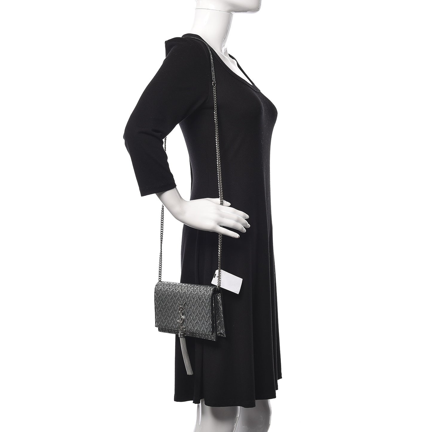 Metallic Calfskin Classic Monogram Kate Tassel Chain Wallet Black Argento