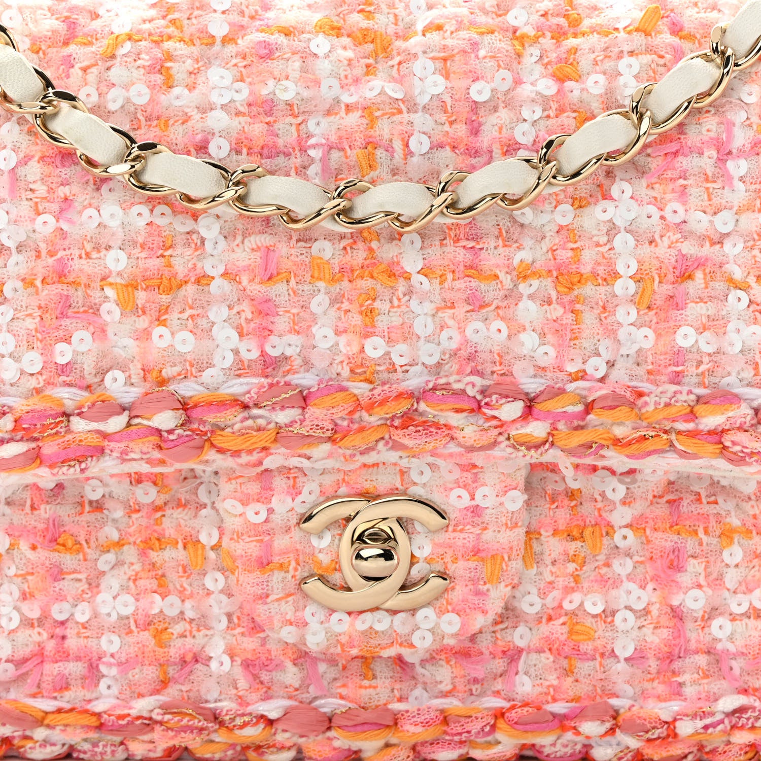 Chanel Tweed Braid Sequin Medium Double Flap White Pink Orange 8 of 13