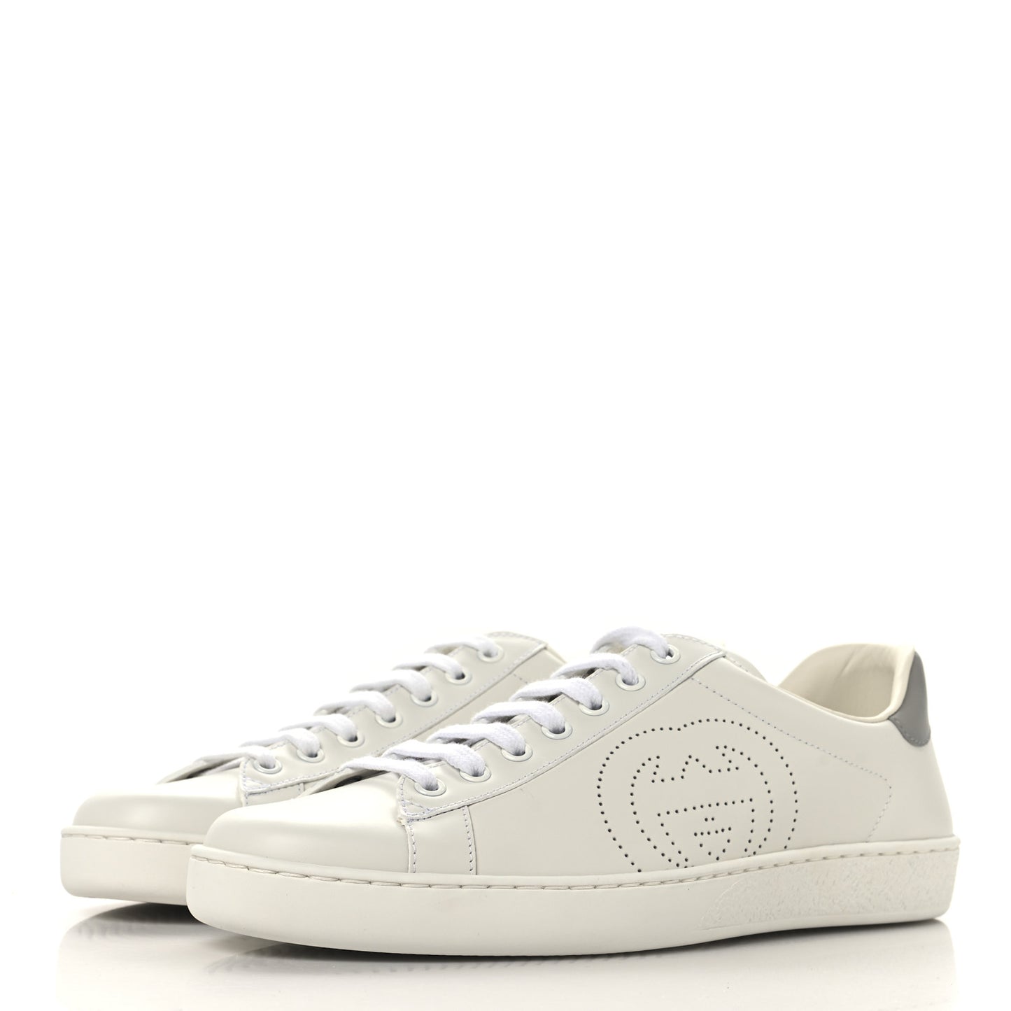 Calfskin Interlocking G Perforated Mens Ace Sneakers 8 White Grey Sky