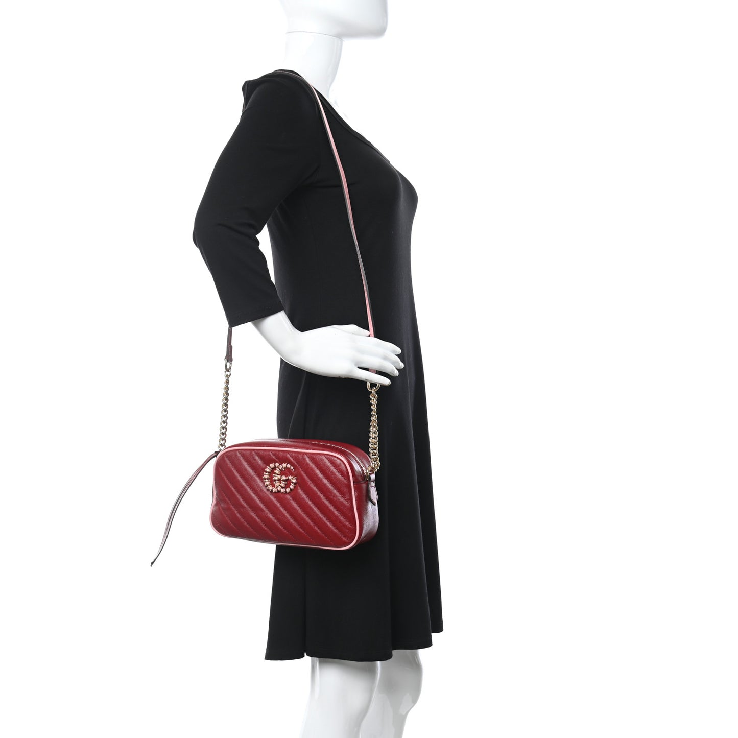 Azalea Calfskin Enamel Matelasse Diagonal Small Torchon GG Marmont Chain Shoulder Bag New Cherry Red Wild Rose