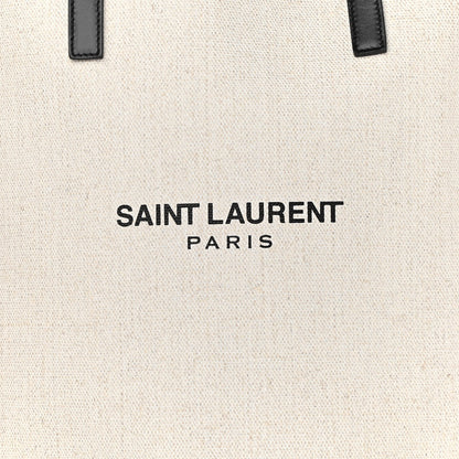 Saint Laurent Canvas Calfskin Teddy Drawstring Shopping Tote White Black 10 of 13