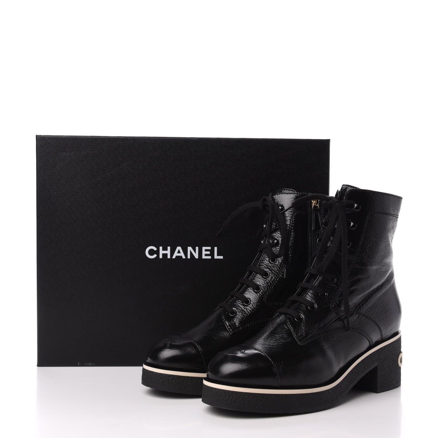 Chanel Shiny Crumpled Lambskin Cap Toe CC Lace Up Boots 40.5 Black 8 of 8