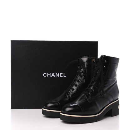 Chanel Shiny Crumpled Lambskin Cap Toe CC Lace Up Boots 40.5 Black 8 of 8