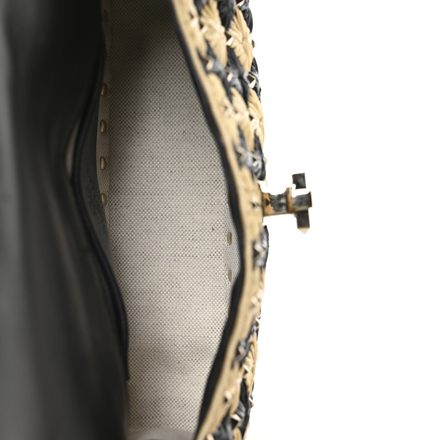 Raffia Embroidered Checkered Small Rockstud Spike Shoulder Bag Natural Black